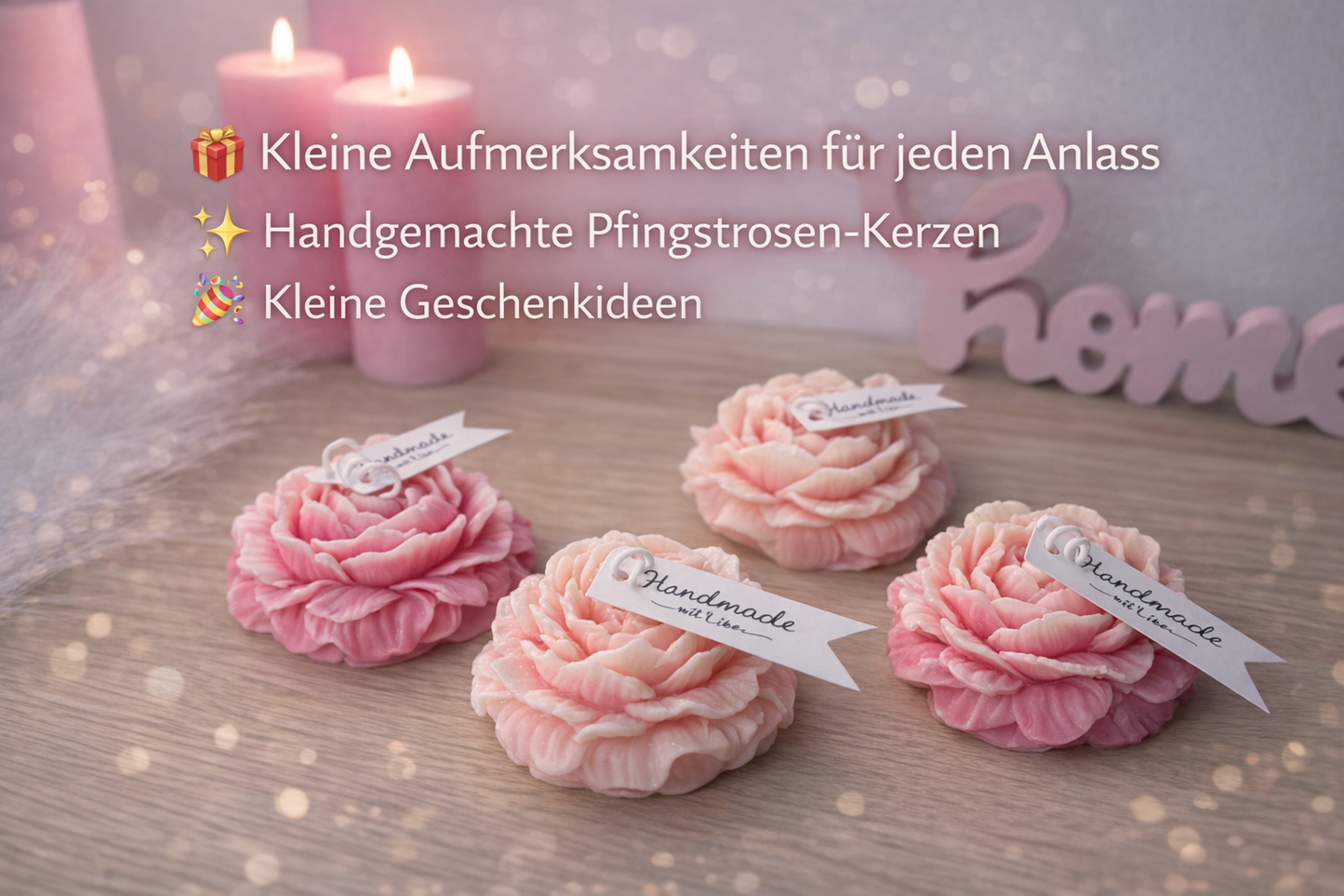 Edle Blütenkerzen in Rosatönen als stilvolle Geschenkidee mit romantischer Dekoration für Hochzeit, Geburtstag oder kleine Aufmerksamkeiten