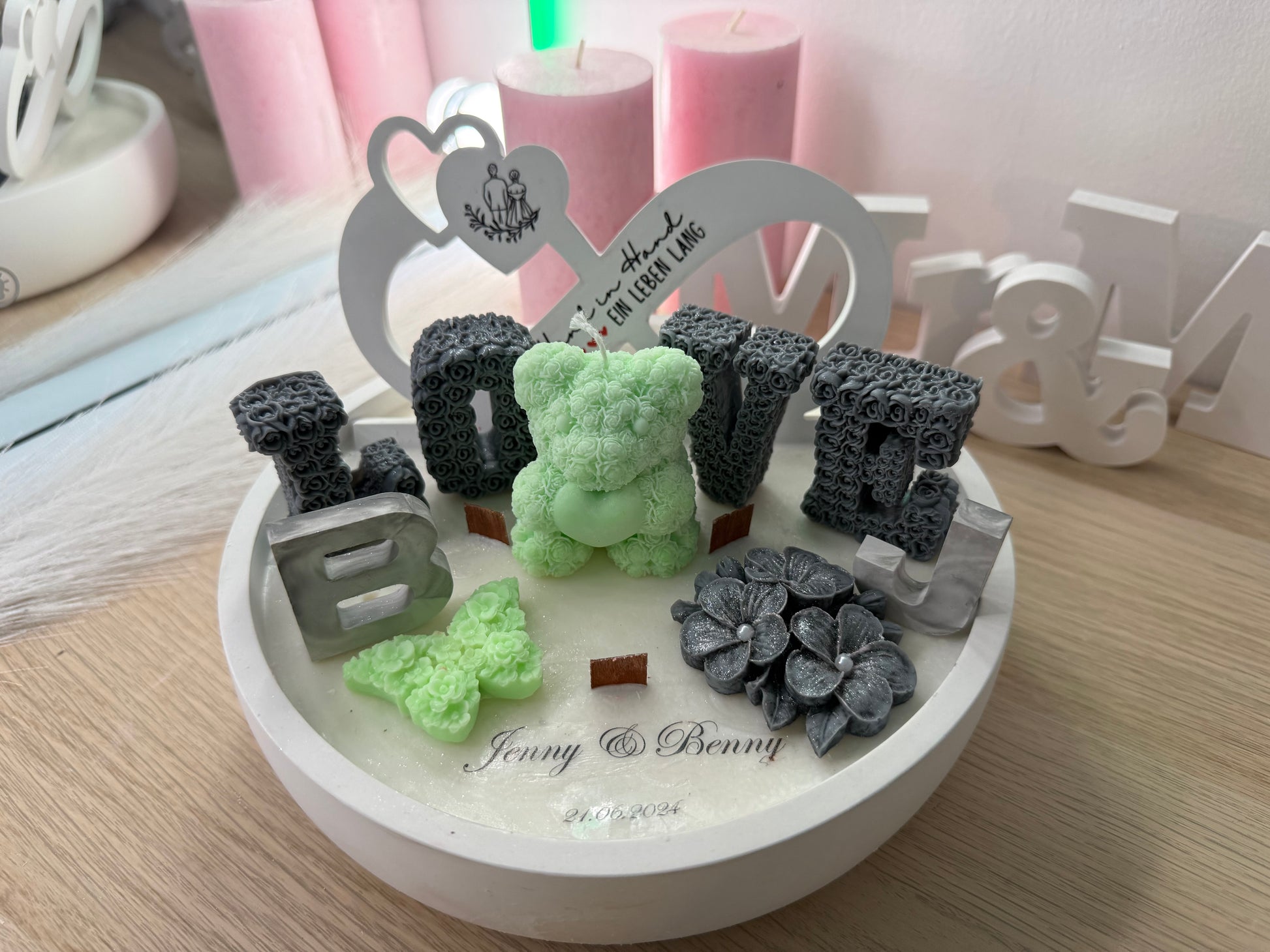 Exklusive LOVE-Schale mit mintgrünem Bären – Handgefertigtes Deko-Highlight & besonderes Geschenk – personalisierbares Geschenk – handgemacht, personalisierbar, hochwertige Deko