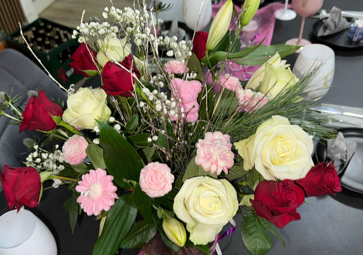 Candle arrangement “Pink Floral Magic” – decoration & gift idea with teddy bear and blossoms (for a real bouquet)
