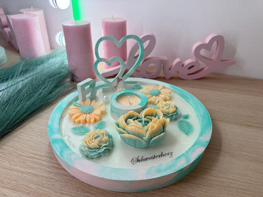 💚 „Schwesterherz“-Schale mit Blüten & Kerze | Handgemacht & Geschenkverpackt | Liebevolles Geschenk für Schwester oder Freundin – personalisierbares Geschenk – handgemacht, personalisierbar, hochwertige Deko
