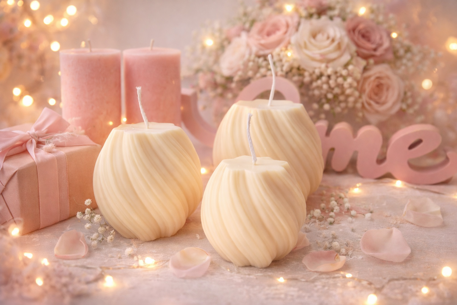 Handgemachte cremefarbene Kerzen im eleganten Swirl-Design, dekoriert mit rosa Rosen, Geschenkbox und warmem Licht im romantischen Stil