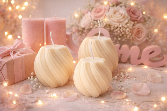 Handgemachte cremefarbene Kerzen im eleganten Swirl-Design, dekoriert mit rosa Rosen, Geschenkbox und warmem Licht im romantischen Stil