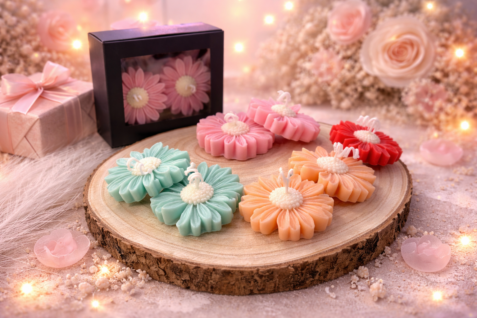 Handgemachte Blütenkerzen in Pastellfarben auf Holztablett mit Geschenkbox im romantischen Lifestyle-Stil