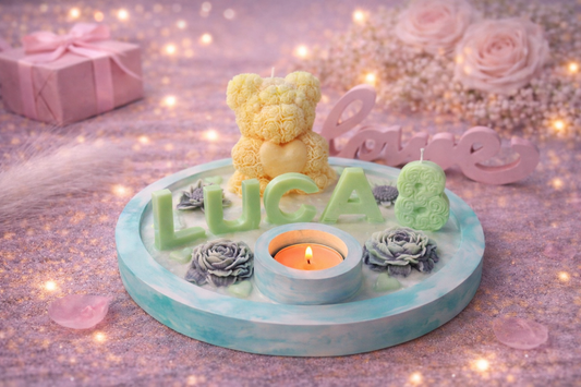 Individuelles Kerzenset mit Namen, Teelicht und Bärchen, personalisierte Geschenkidee für Geburtstag, Taufe oder Kinderzimmer Deko