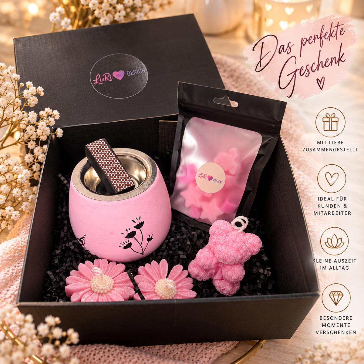 Exklusive Geschenkbox mit Duftkerze, Duftlampe, Teddy & Blütenkerzen – Persönliches Geschenk für jeden Anlass