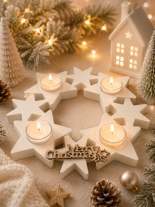 Handgemachter Adventskranz mit vier Sternen für vier Teelichter, 22 cm Durchmesser, in warmem Creme mit Merry-Christmas-Schriftzug