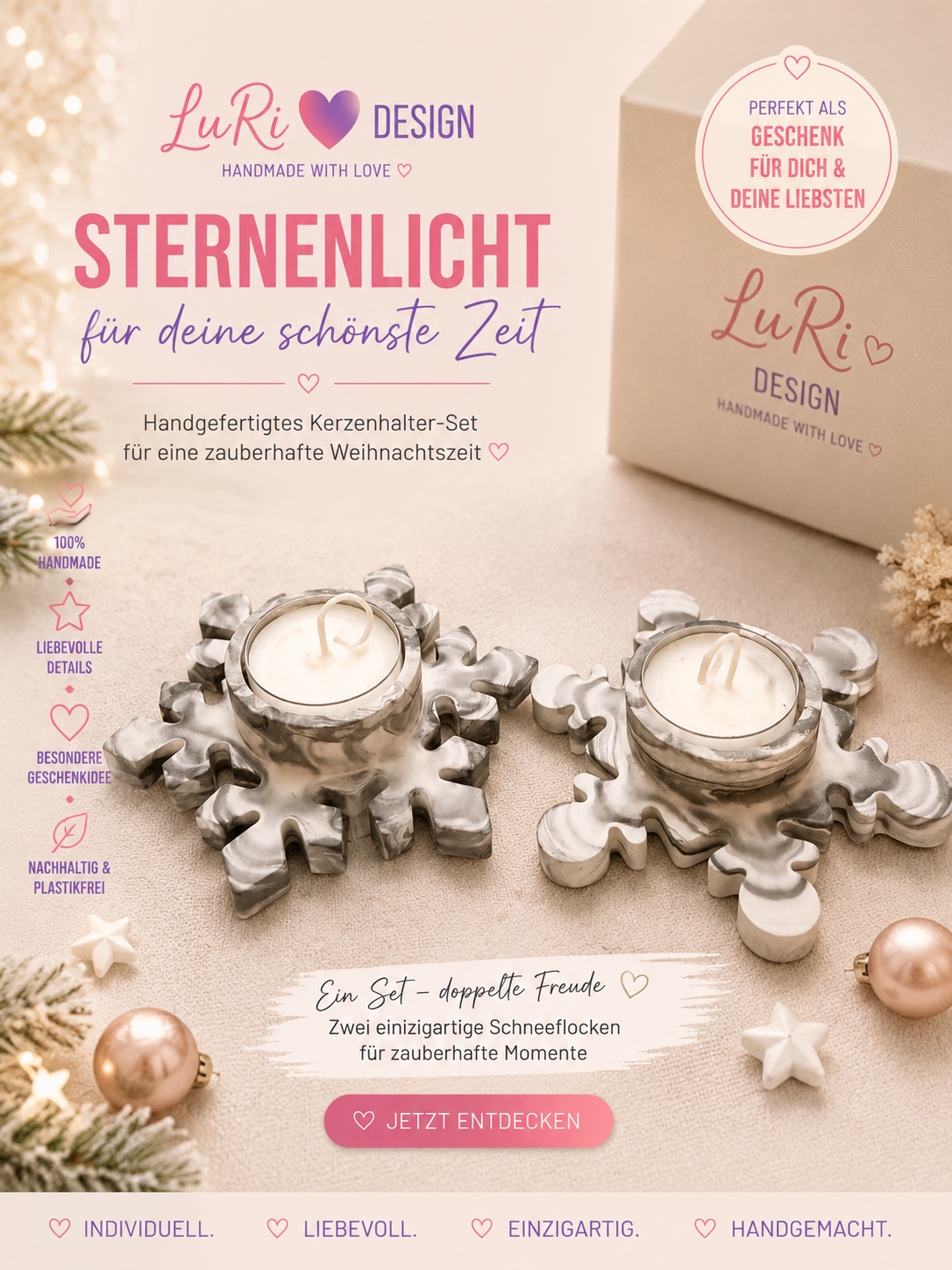 Detailansicht eines handgemachten Schneeflocken-Teelichthalters in warmem Creme mit Teelicht