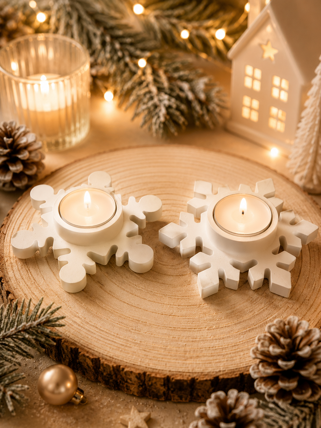 2er Set handgemachte Teelichthalter in Schneeflockenform mit brennenden Teelichtern in warmem Creme für Weihnachts- und Winterdekoration