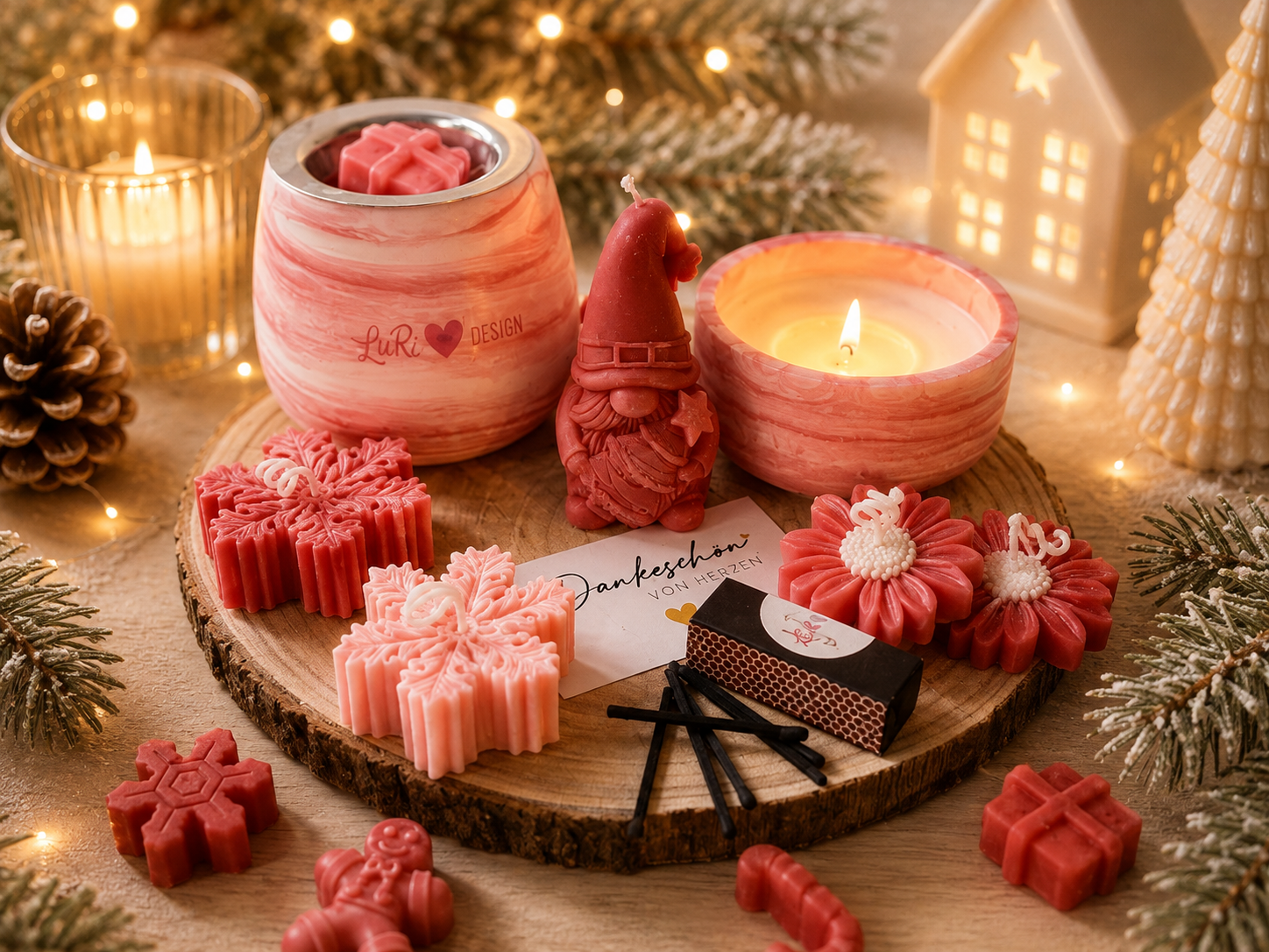 Handgemachte Weihnachtsdekoration mit rosa Duftkerzen, Schneeflocken-, Blumen- und Geschenkkerzen, Wichtel und dekorativer Kerzenschale von LuRi Design