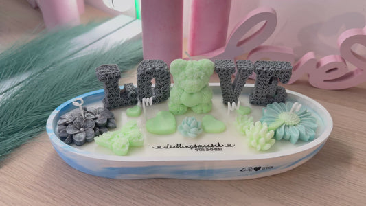 Handgegossenes LOVE-Dekoarrangement in Mint & Anthrazit – modernes Geschenk für besondere Momente – personalisierbares Geschenk